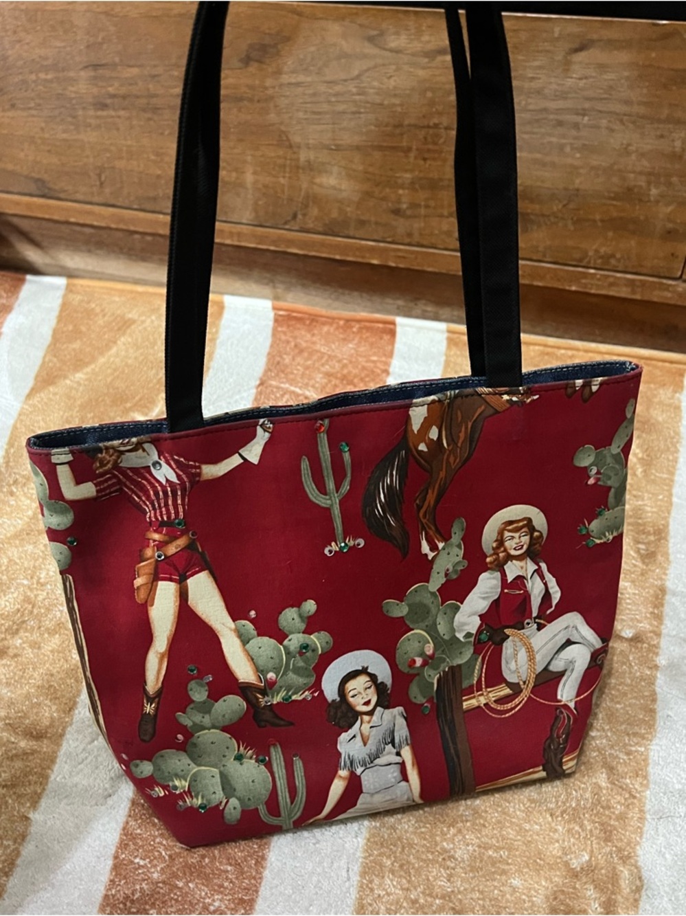 Red Western-Themed Tote Bag